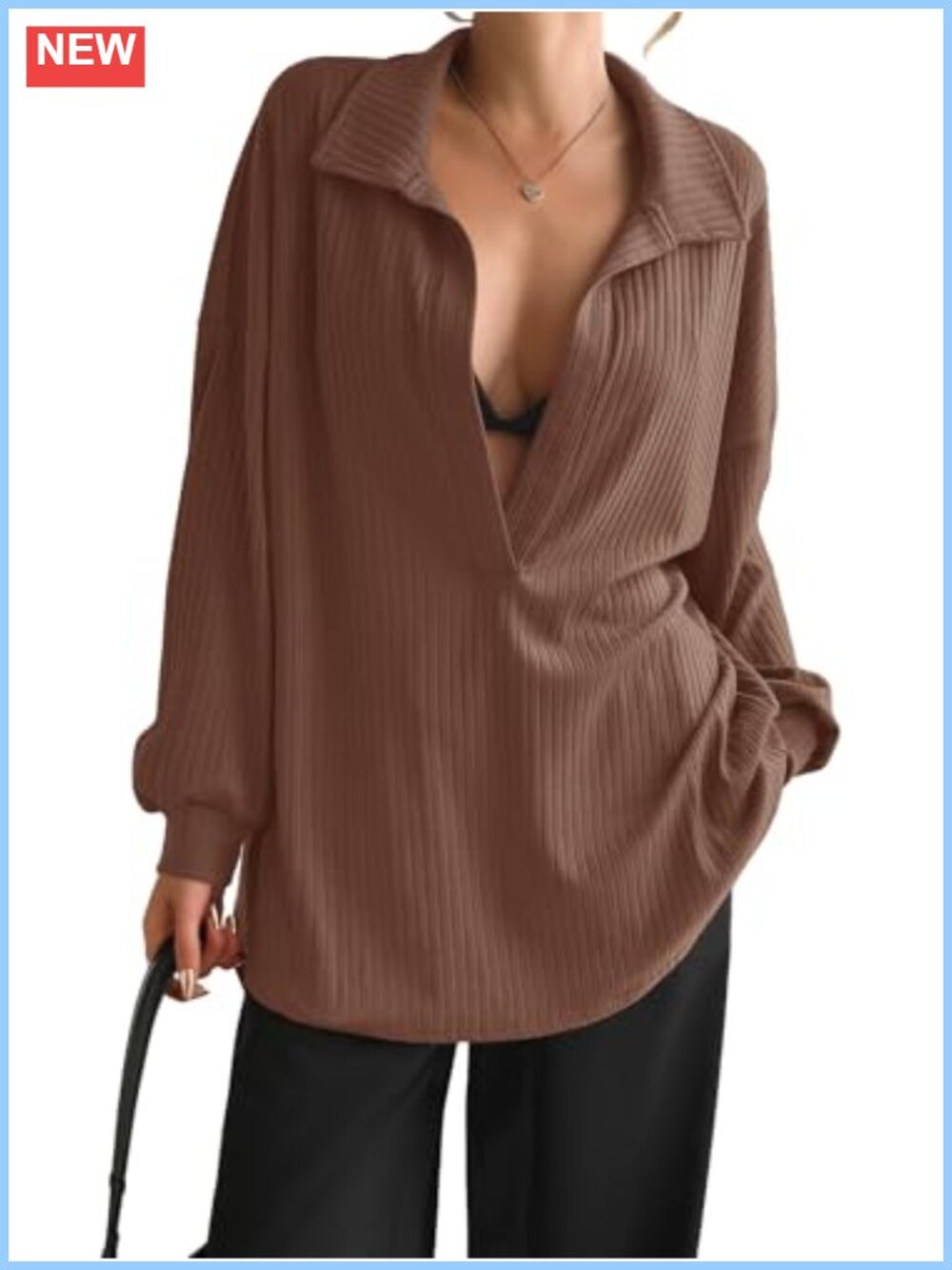 Oversized Deep V Neck Ribbed Knit Pullover Sweatshirt